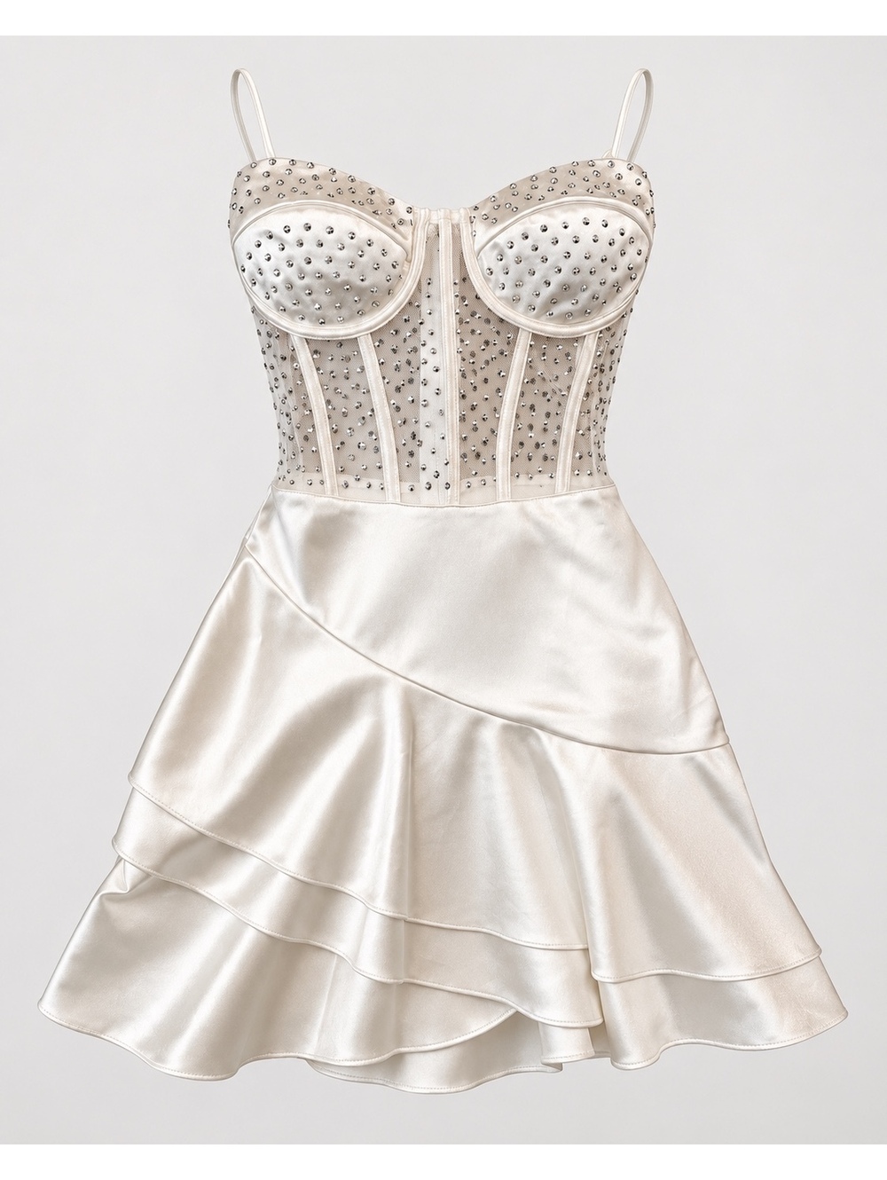 Symphony White Rhinestone Corset Mini Dress S Satin Ruffle Bustier Bridal Y2K